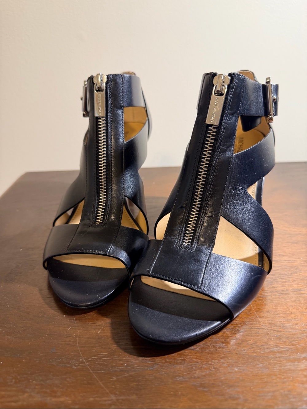 MICHAEL Michael Kors Anya Black Leather Zip-Front  Heels - Like New